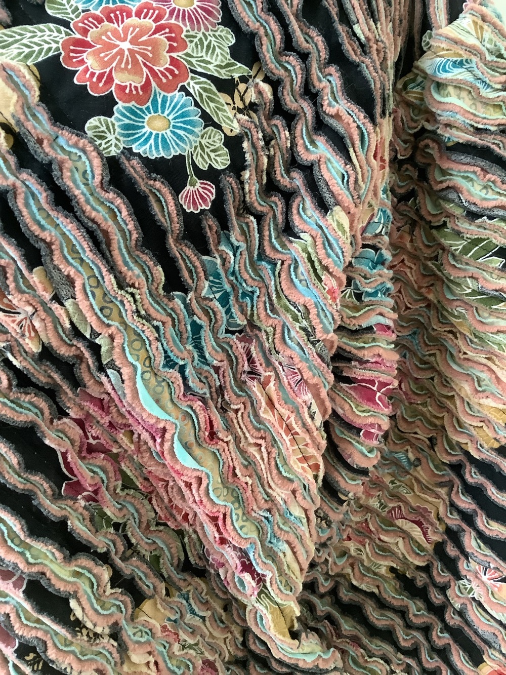 Handmade Jacket-Ruffle Texture-Black Multicolor Floral Pattern-L/XL-Unique!! - Picture 3 of 8
